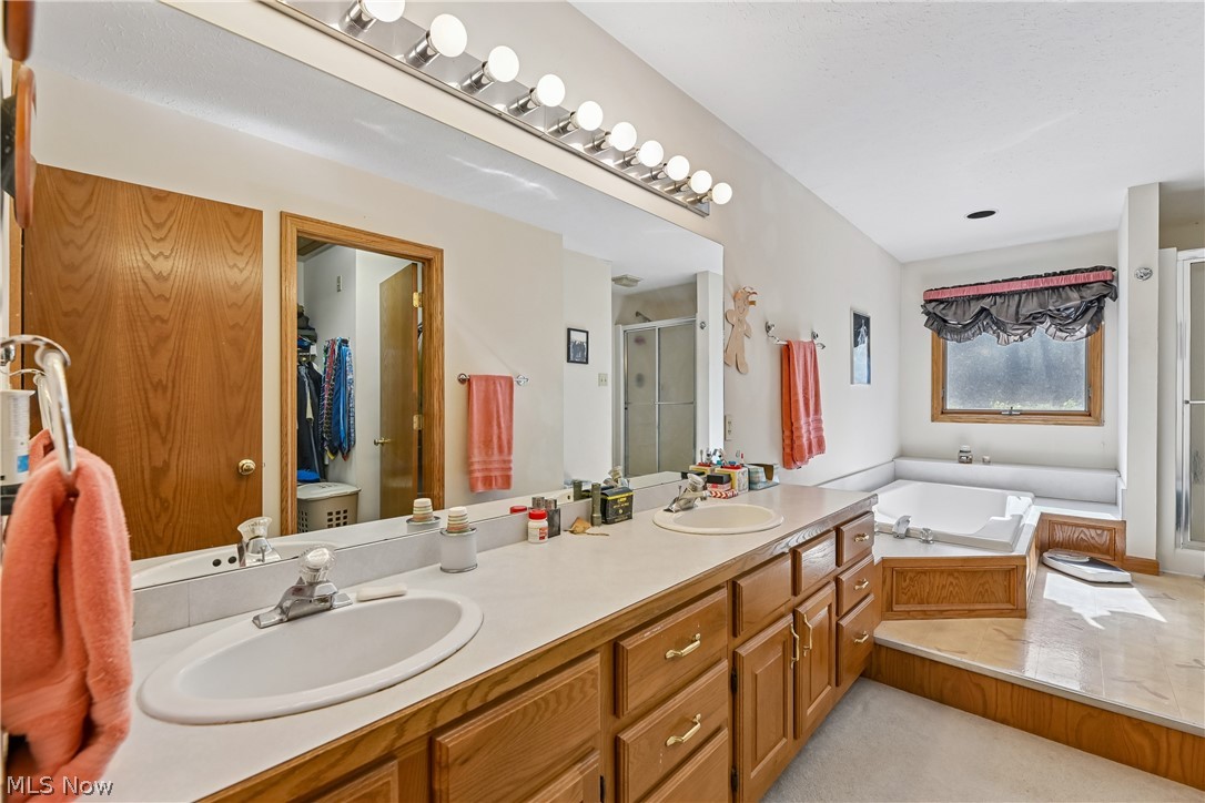 2660 South Medina Line Road Wadsworth, OH 44281 - Photo 27 of 48 Primary bathroom featuring a double sink / vanity, built-in jetted tub, separate glass-enclosed shower and overhead vanity lighting