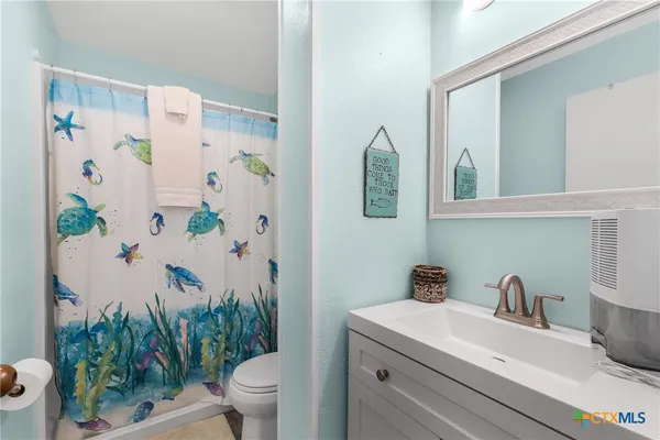 a bathroom with a sink a toilet and shower curtain