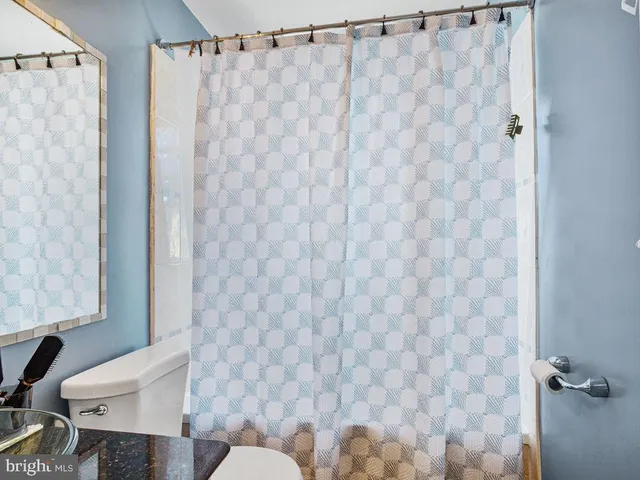 a bathroom with a toilet and a shower curtain