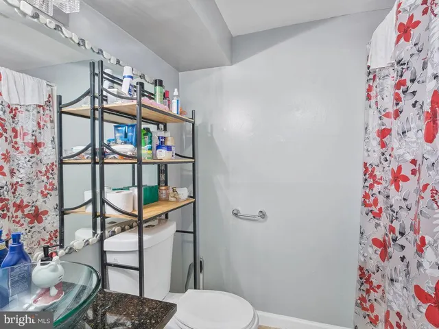 a bathroom with a toilet and a shower curtain
