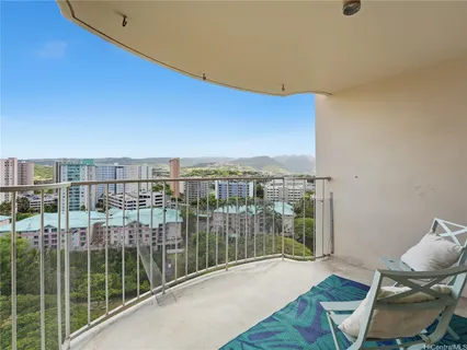 a view of a balcony with chair