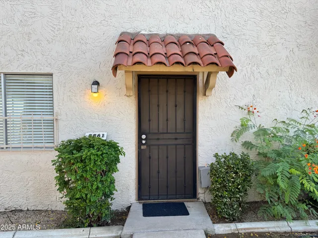 a view of a wooden door with a potted plant