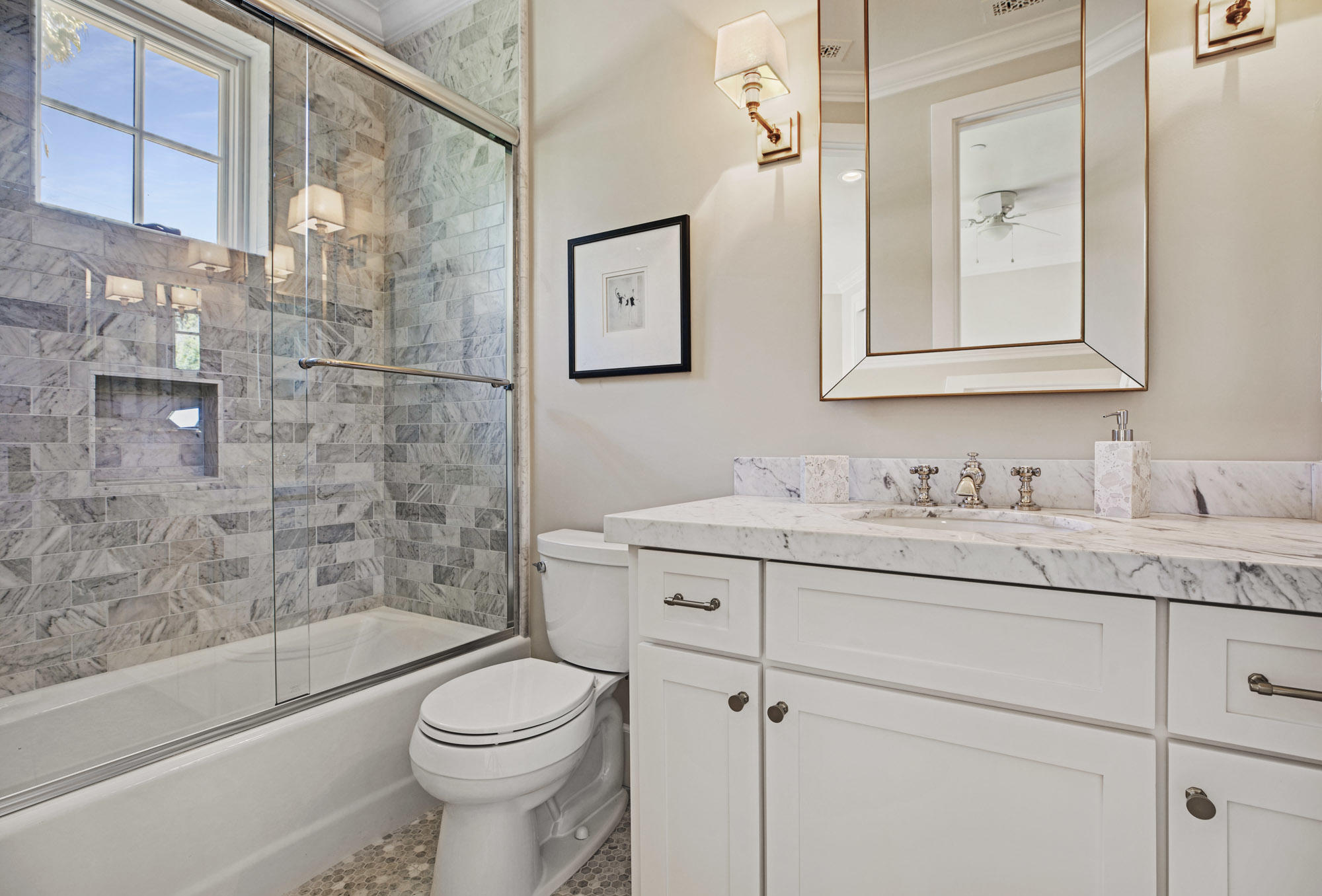 529 Santa Rosa Lane Montecito, CA 93108 - Photo 16 of 24 a bathroom with a granite countertop sink toilet and shower
