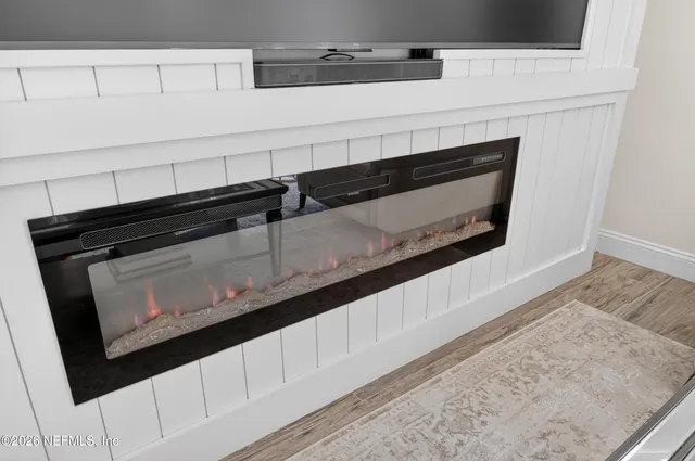 a close view of a fireplace in the kitchen