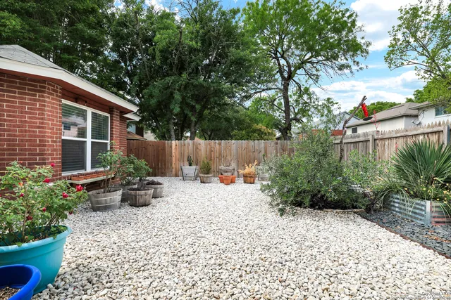 a backyard of a house with plants and tree