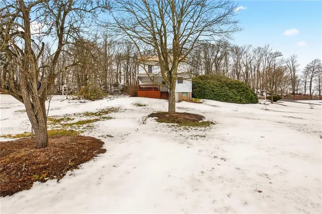 a view of a yard with snow on the road