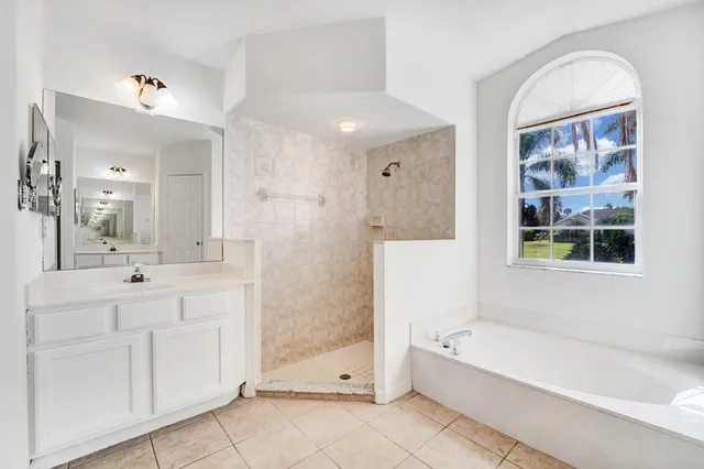 a bathroom with a tub sink and mirror