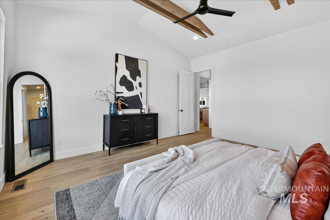 486 Joy Avenue Middleton, ID 83644 - Photo 15 of 36 Bedroom featuring light wood-style floors, beam ceiling, high vaulted ceiling, recessed lighting, and ceiling fan