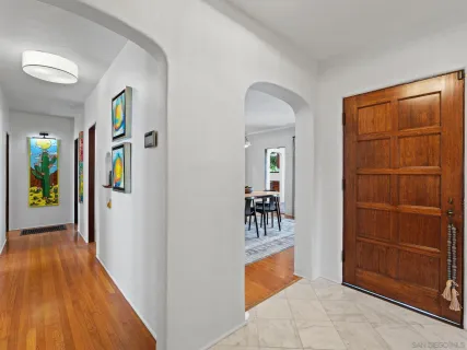 a view of a dining room with furniture