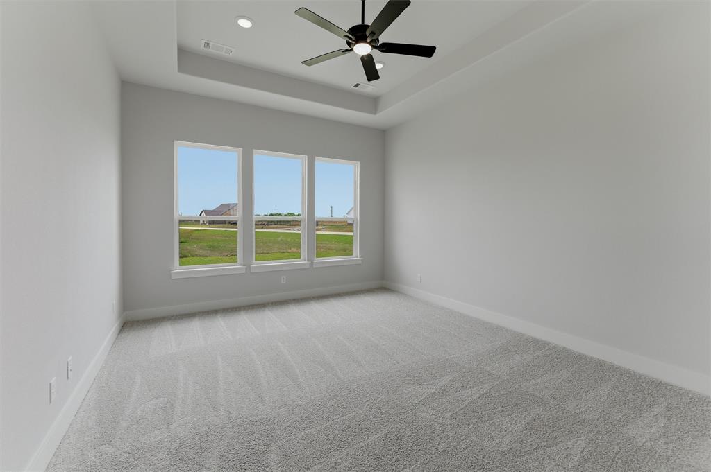 2204 Continent Court Krum, TX 76249 - Photo 10 of 28 Spacious room featuring a tray ceiling with recessed lighting and a ceiling fan