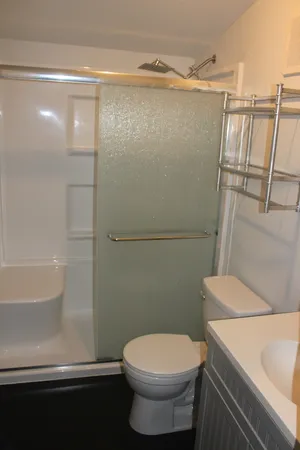 a bathroom with a toilet and a shower