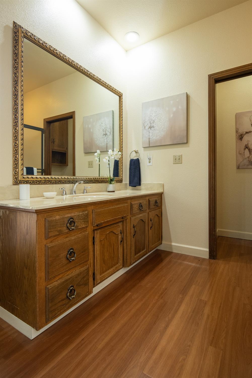 925 Scenic Court Modesto, CA 95355 - Photo 37 of 62 a spacious bathroom with a double vanity sink and a mirror