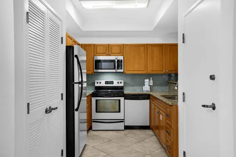 a kitchen with a sink and a potted plant