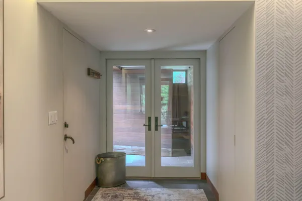 a view of a hallway with a elevator