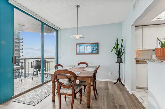a view of a dining room and livingroom with furniture wooden floor a rug a fireplace and a chandelier