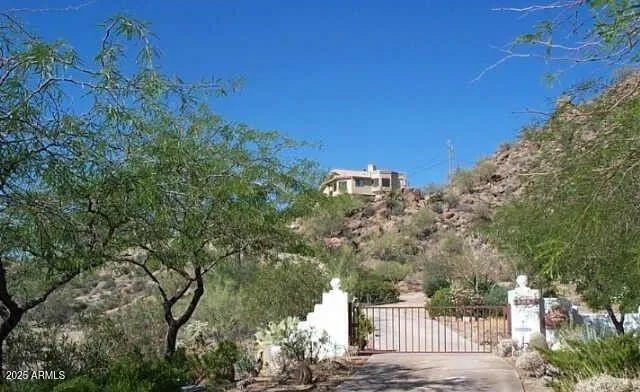 a view of a city from a yard