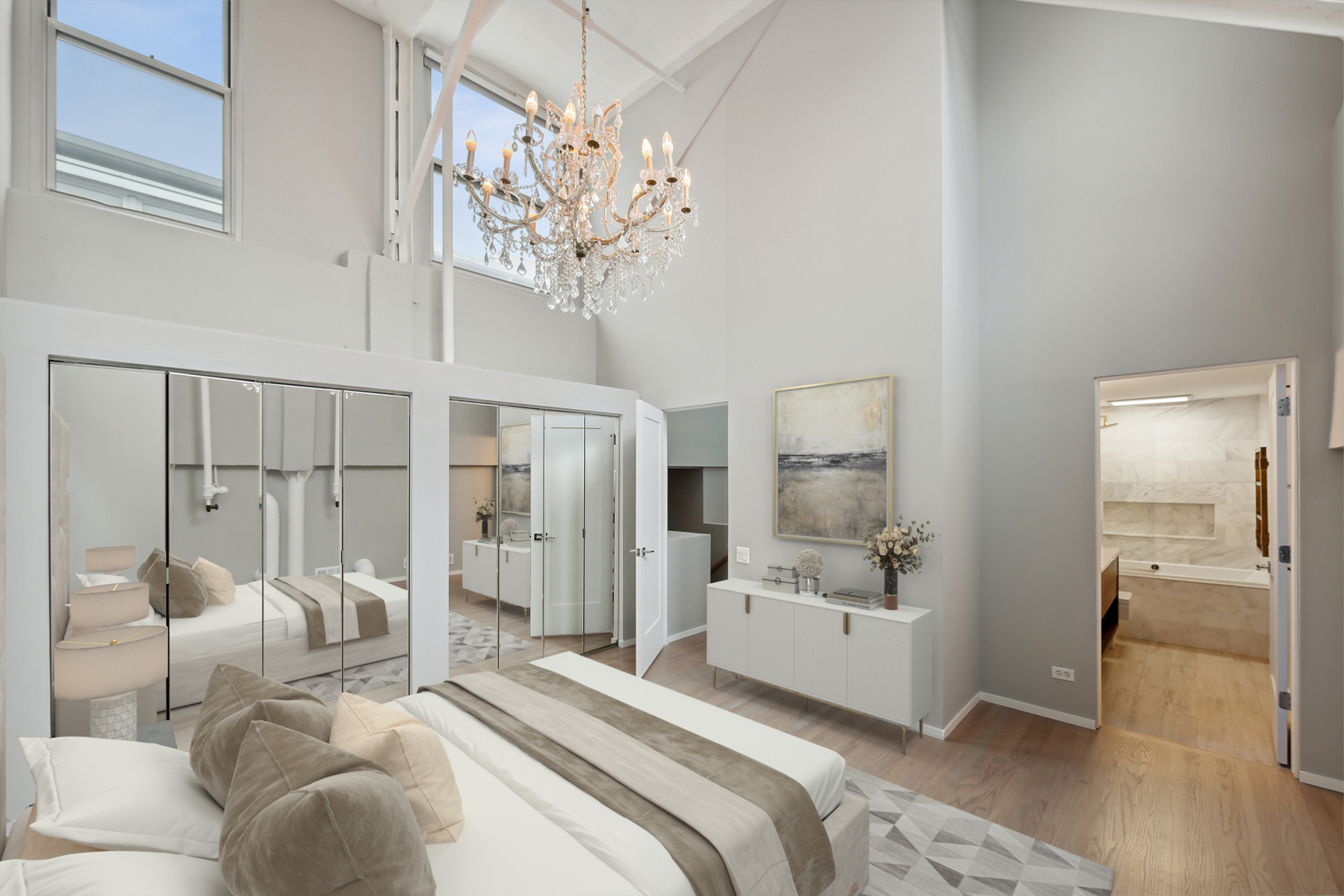 1000 West Washington Boulevard, Unit 513 Chicago, IL 60607 - Photo 14 of 22 a spacious bedroom with a bed and a chandelier