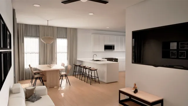 a kitchen with a table chairs refrigerator and a sink