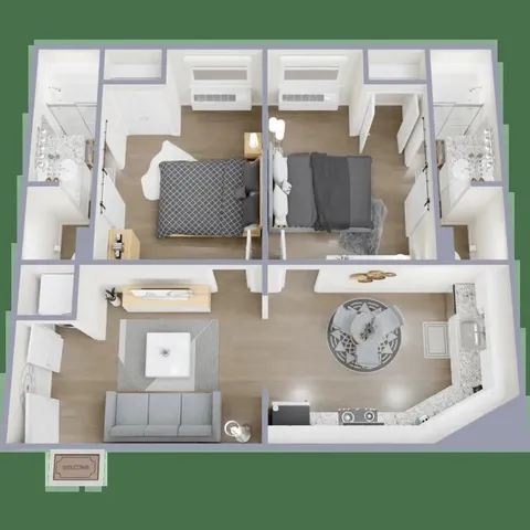 a table with a clock on it and cabinets