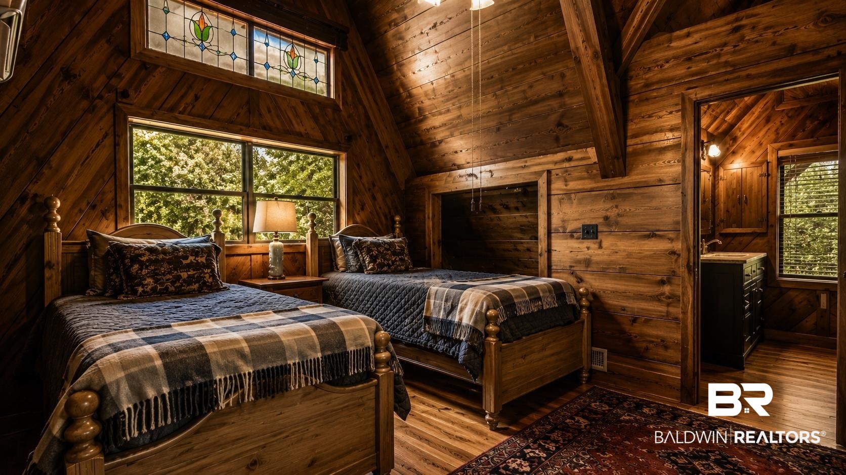 14587 Ridge Road Summerdale, AL 36580 - Photo 29 of 44 Wood-paneled room with vaulted ceilings, exposed beams, stained glass transom windows, and wood-finish flooring
