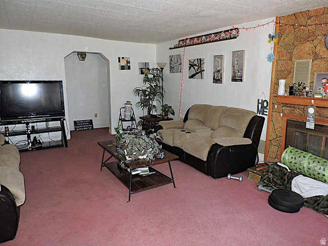 355 South Center Street Delta, UT 84624 - Photo 4 of 21 Living area featuring a fireplace with hearth, a wood mantel, and an arched doorway