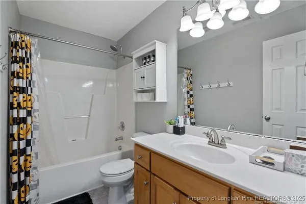 a bathroom with a sink a toilet a mirror a vanity and shower