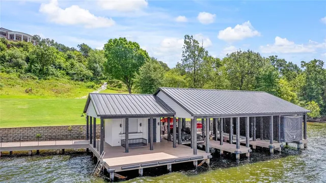 an aerial view of a swimming pool