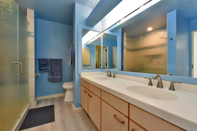 a bathroom with a sink a toilet and mirror