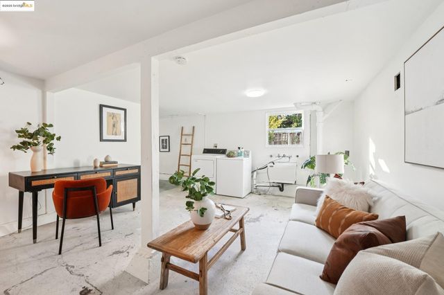a living room with furniture a rug and a potted plant