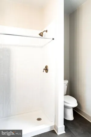 a bathroom with a shower and a toilet