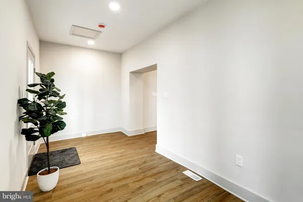 a room with wooden floor and a potted plant