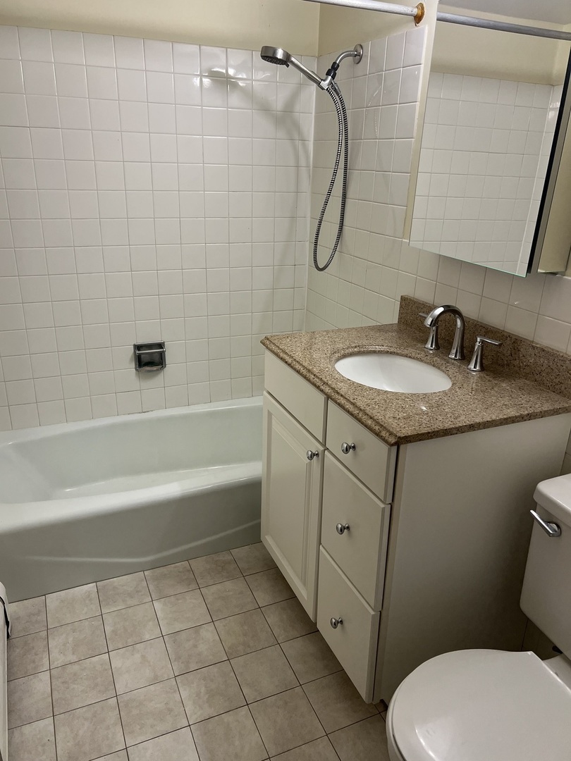 835 Pearson Street, Unit 209 Des Plaines, IL 60016 - Photo 6 of 10 a bathroom with a granite countertop sink toilet and shower