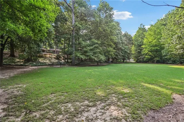 a view of a field of grass and trees