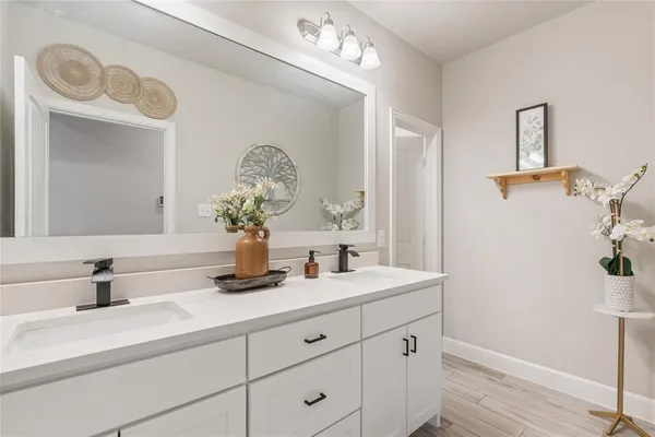 a bathroom with a sink a potted plant and a mirror