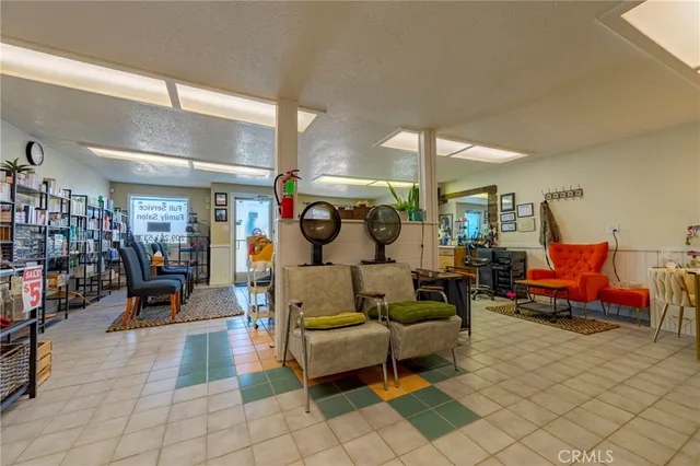 a living room with furniture and a book shelf