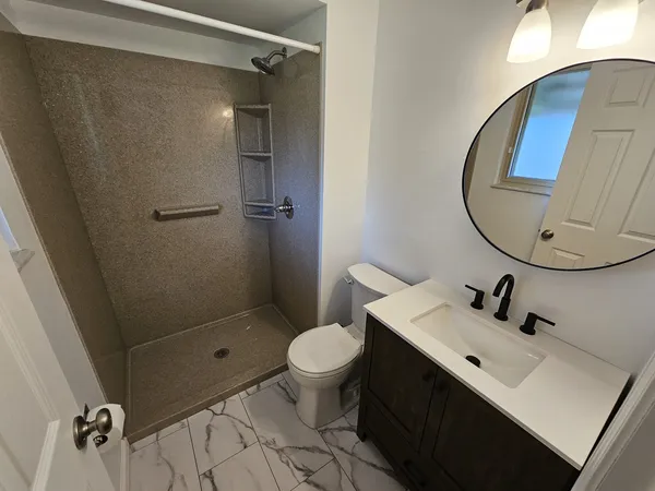 a bathroom with a sink a toilet a shower and a mirror