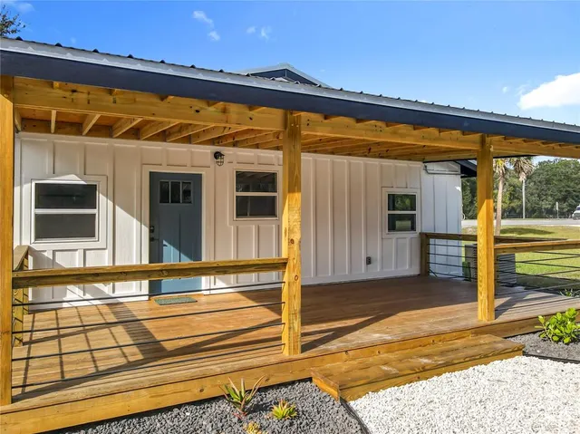 a view of a building with a door