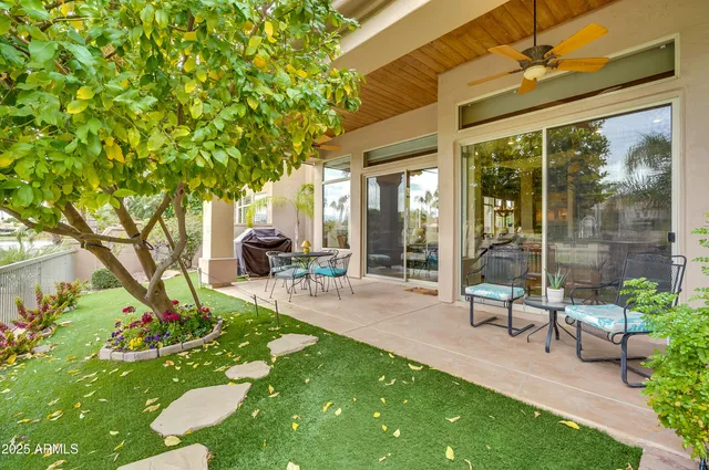 a garden view with a seating space