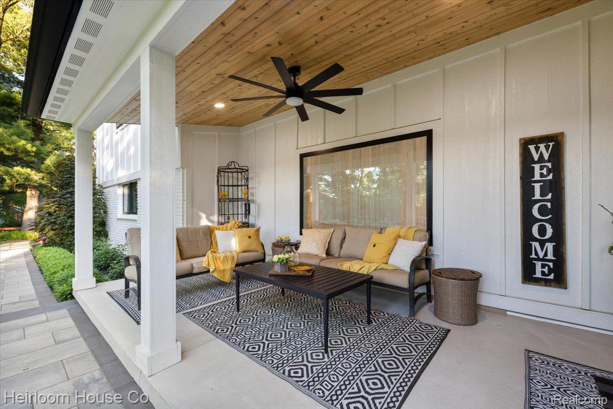 49001 Hanford Road Canton, MI 48187 - Photo 26 of 98 Covered patio featuring a wood-plank ceiling, recessed lighting, and a ceiling fan