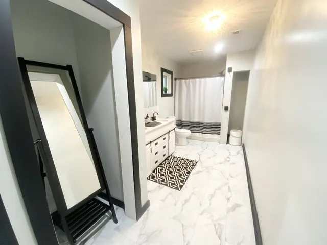 a bathroom with a sink a toilet a shower and a mirror