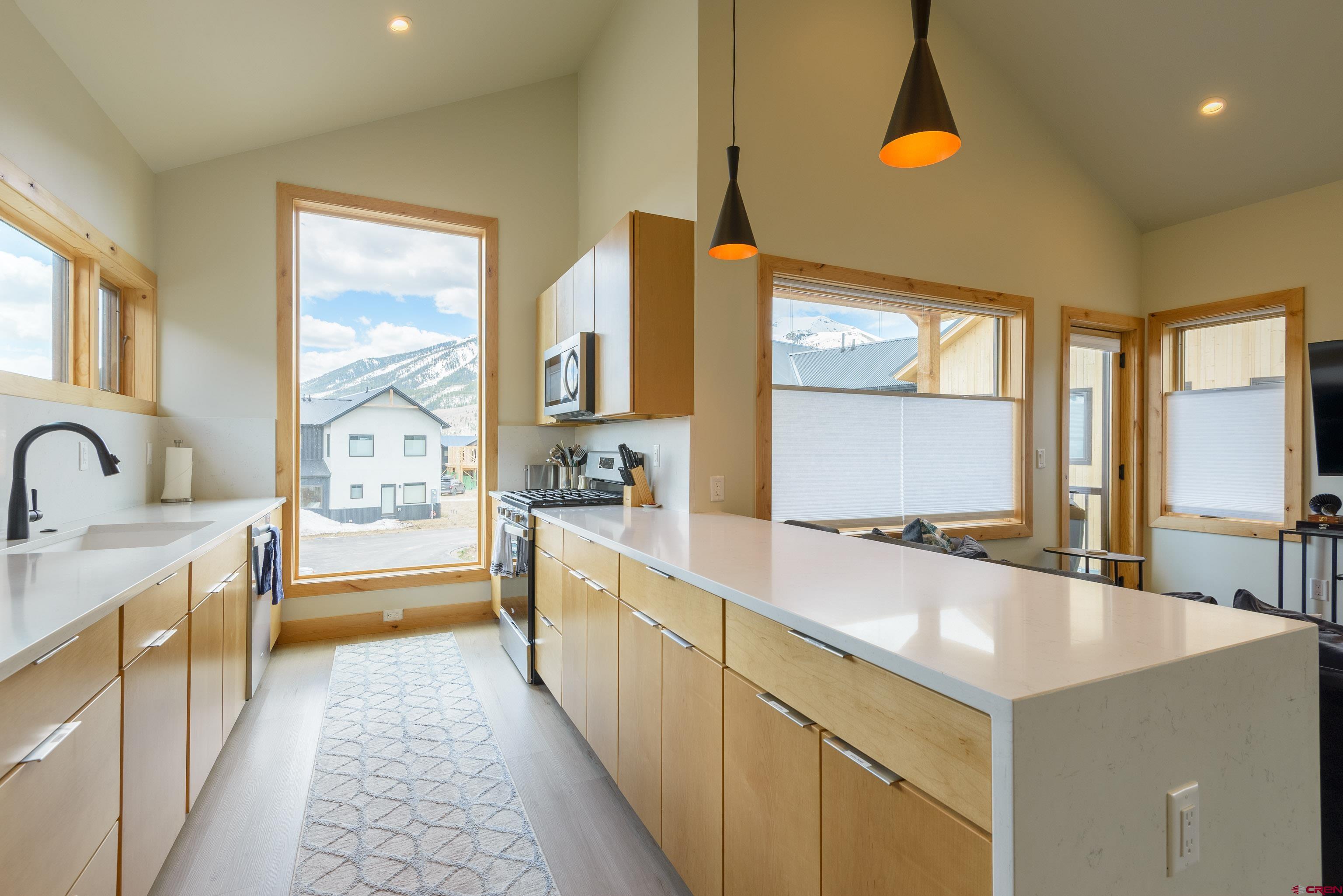 131 Elk Valley Road, Unit A Crested Butte, CO 81224 - Photo 8 of 29 a large kitchen with kitchen island a large window cabinets and stainless steel appliances