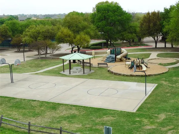 a view of a lake with a yard and large trees