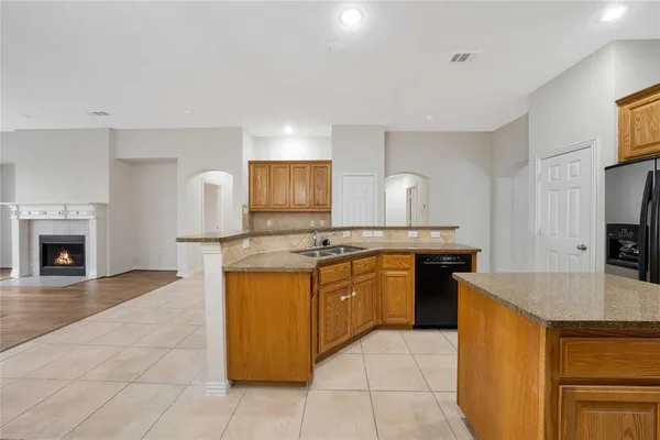 a kitchen with stainless steel appliances granite countertop a sink counter space cabinets and a fireplace