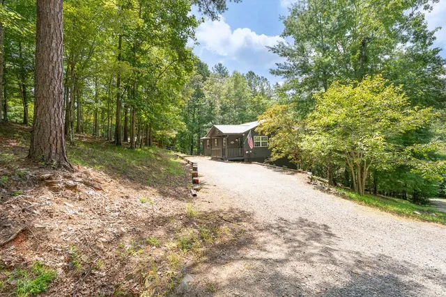a view of a house with backyard and trees