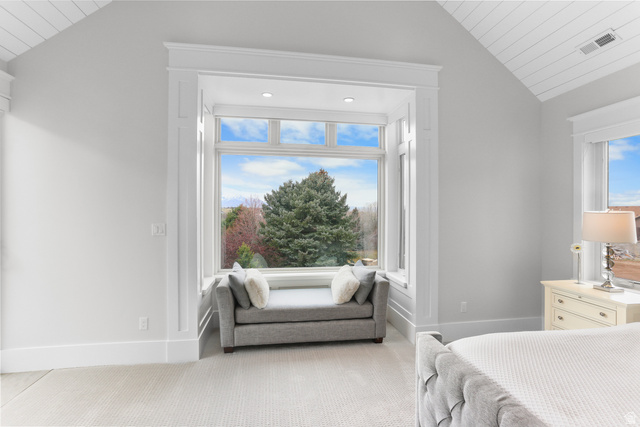 1354 South 800 East Mapleton, UT 84664 - Photo 36 of 129 Bedroom featuring a vaulted wooden ceiling and light carpet