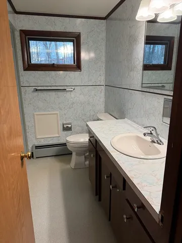 a bathroom with a sink a toilet a mirror and vanity