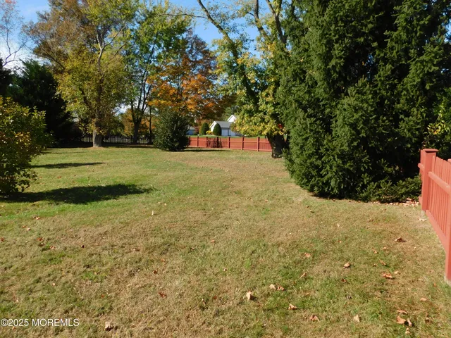a view of a yard with large trees