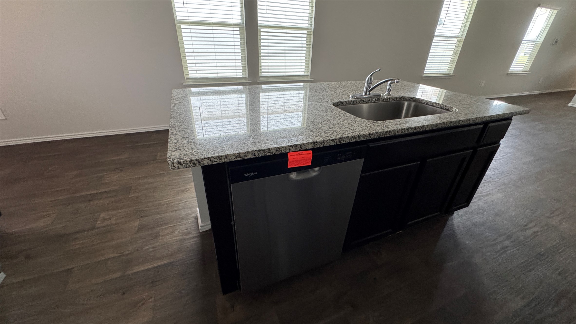 408 Frogmore Loop Kyle, TX 78640 - Photo 5 of 32 A sleek kitchen island boasts a stainless steel sink and granite countertops, complementing the dark wood flooring.