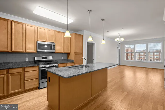 a kitchen with stainless steel appliances granite countertop a stove a sink and a microwave