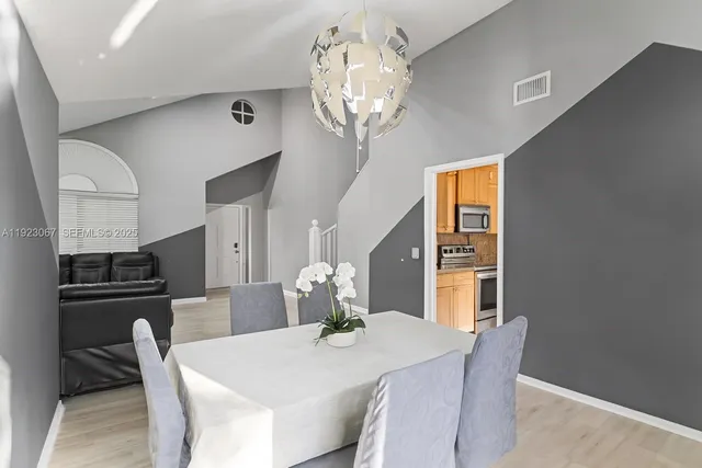 a view of a dining room with furniture